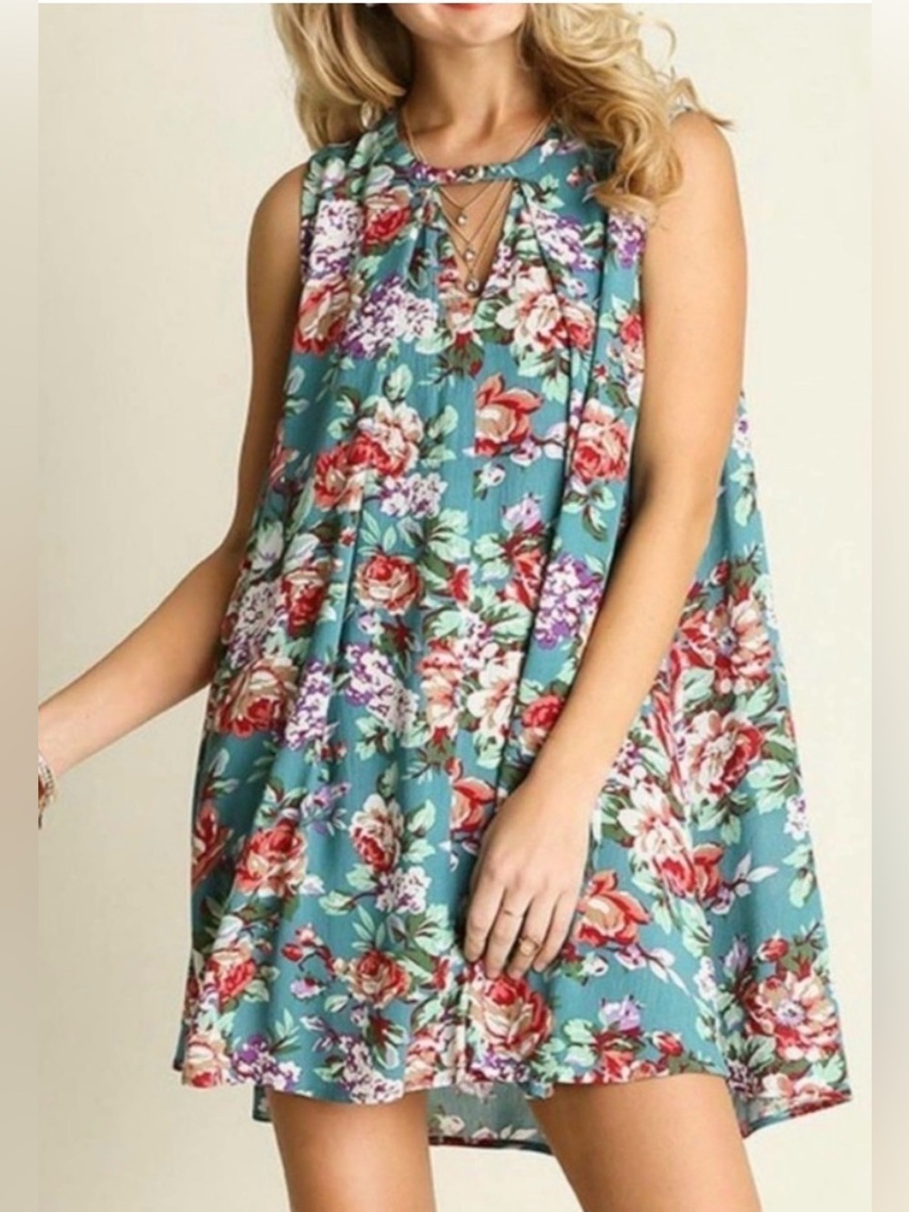 Umgee Blue Green Teal Floral Sleeveless Swing Mini Dress Casual Cotton Blend LG